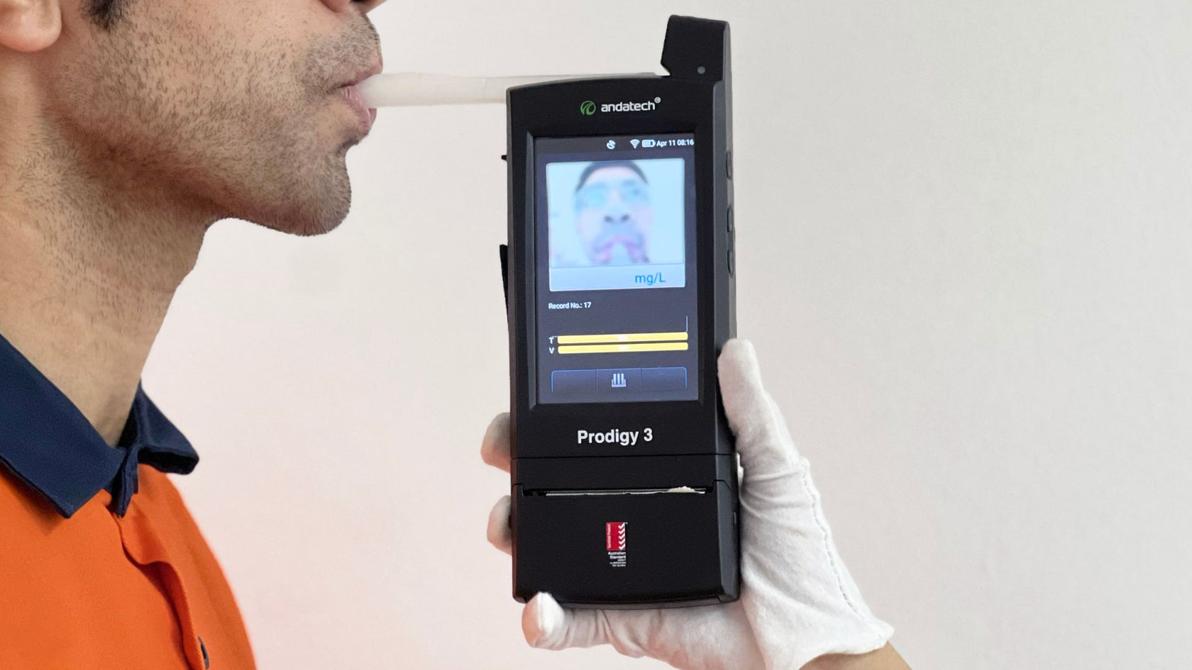 Testing an employee with the Andatech Prodigy 3 Breathalyser