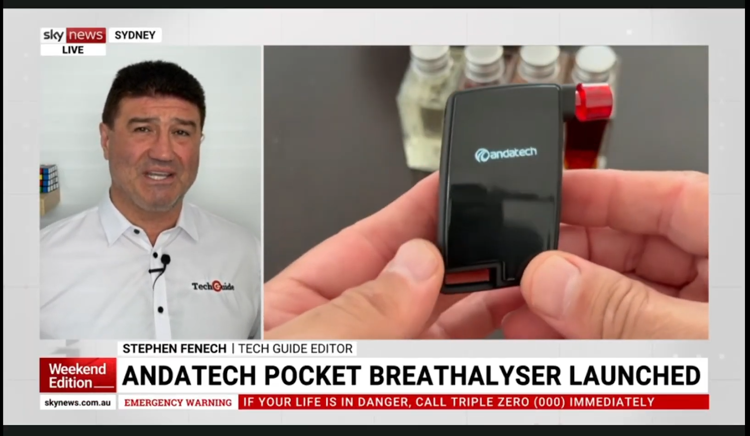 Screenshot of Stephen Fenech from Tech Guide on Sky News Sydney LIVE talking about the Andatech GT fuel cell breathalyser