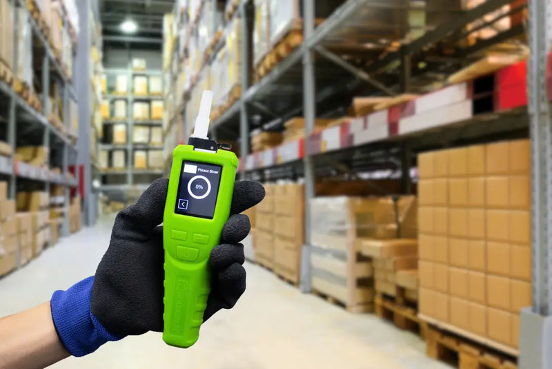 Person holding the Andatech Vanguard breathalyser in a warehouse setting