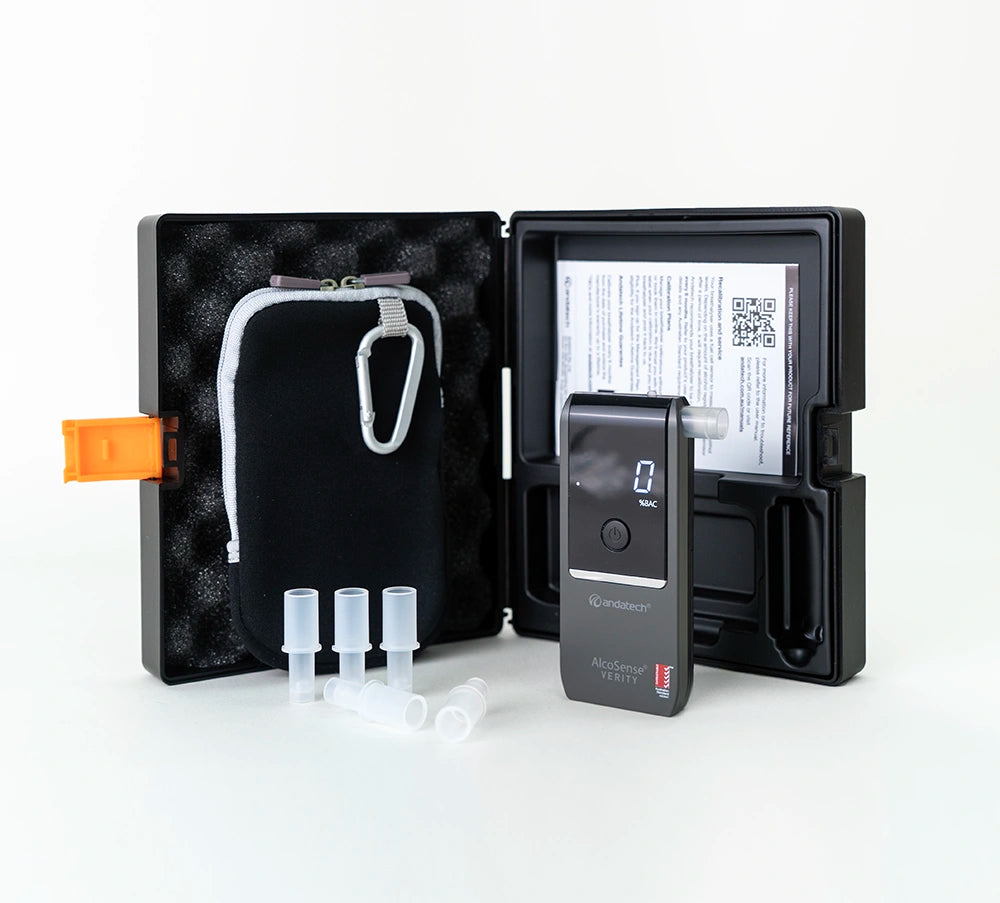 Alcosense Verity Gen 2 personal breathalyser in Grey with box packaging contents