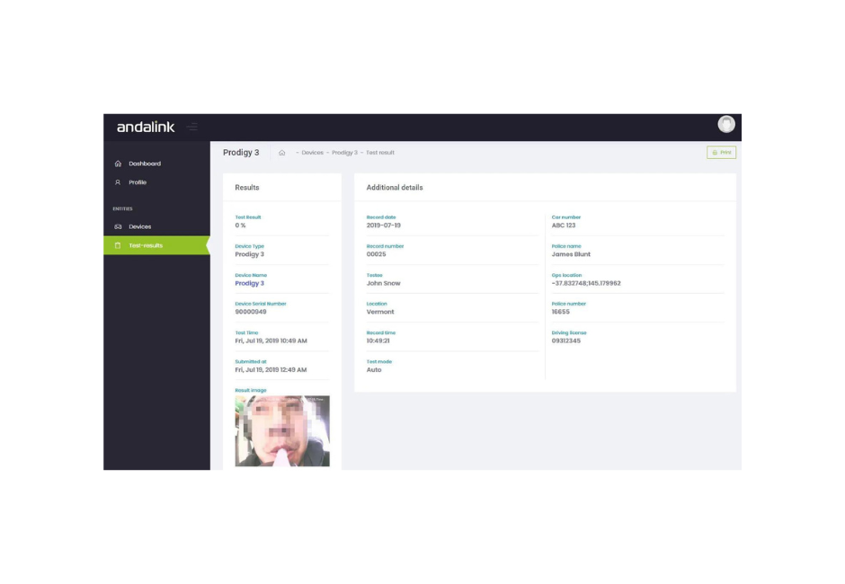 Andalink breath alcohol data management system screenshot