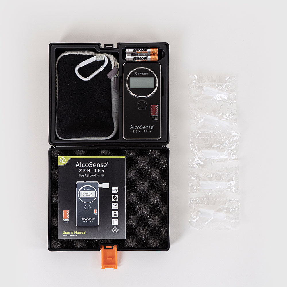 AlcoSense Zenith+ Personal Breathalyser box casing and contents